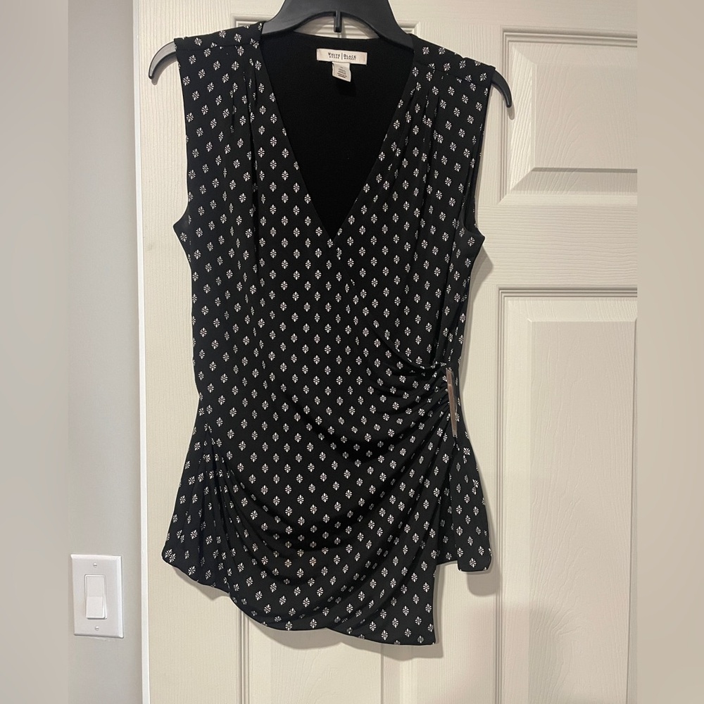 Women’s Black House White Market sleeveless rouched top.